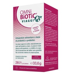 Confezione da 28 stick orosolubili di Omni Biotic Viaggi, integratore probiotico e prebiotico per l'intestino.