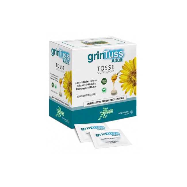 Confezione da 20 compresse di Aboca Grintuss prodotto per la cura di tosse secca e grassa per adulti. Confezione da 20 compresse di Aboca Grintuss prodotto per la cura di tosse secca e grassa per adulti.