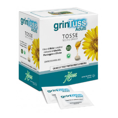 Confezione da 20 compresse di Aboca Grintuss prodotto per la cura di tosse secca e grassa per adulti. Confezione da 20 compresse di Aboca Grintuss prodotto per la cura di tosse secca e grassa per adulti.