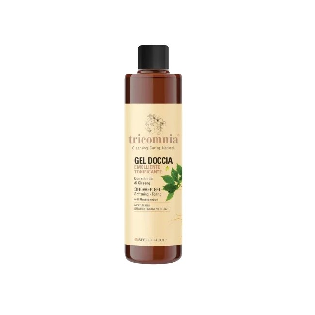 Flacone da 380 ml di Tricomnia Gel Doccia Emolliente tonificante, per una pelle morbida e vellutata.