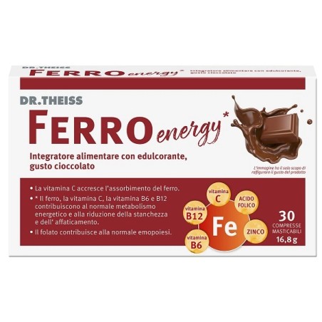 Confezione da 30 compresse di Dr. Theiss Ferro Energy Cioccolato, integratore per recuperare le energie. Confezione da 30 compresse di Dr. Theiss Ferro Energy Cioccolato, integratore per recuperare le energie.