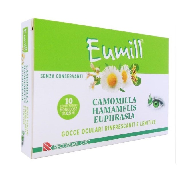 Confezione da 10 fialette monodose di Eumill collirio rinfrescante e lenitivo Confezione da 10 fialette monodose di Eumill collirio rinfrescante e lenitivo