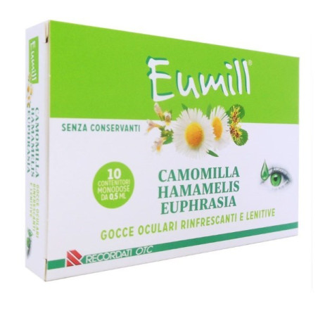 Confezione da 10 fialette monodose di Eumill collirio rinfrescante e lenitivo