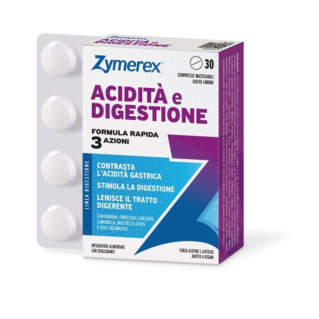 Zymerex Acidita' Digestione 30 Compresse Masticabili Gusto Limone Con Edulcoranti Senza Glutine E Lattosio