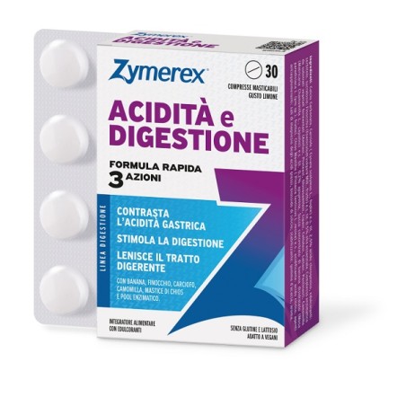 Zymerex Acidita' Digestione 30 Compresse Masticabili Gusto Limone Con Edulcoranti Senza Glutine E Lattosio