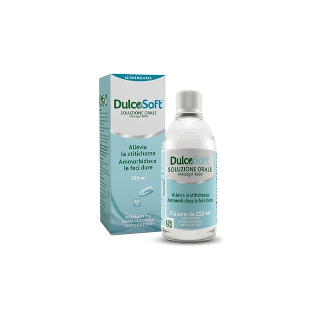 Flacone da 250 ml di DulcoSoft, sciroppo lassativo contro la stitichezza. Flacone da 250 ml di DulcoSoft, sciroppo lassativo contro la stitichezza.