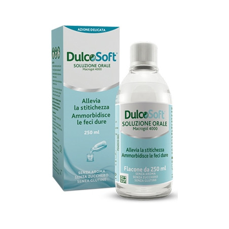 Flacone da 250 ml di DulcoSoft, sciroppo lassativo contro la stitichezza.