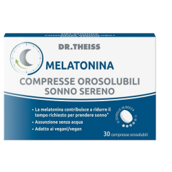 Confezione da 30 compresse orosolubili di Dr Theiss Dormitum + Melatonina Sonno Sereno, integratore per dormire.
