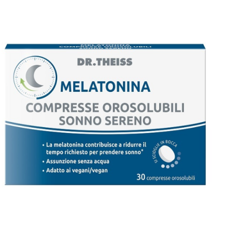 Confezione da 30 compresse orosolubili di Dr Theiss Dormitum + Melatonina Sonno Sereno, integratore per dormire.