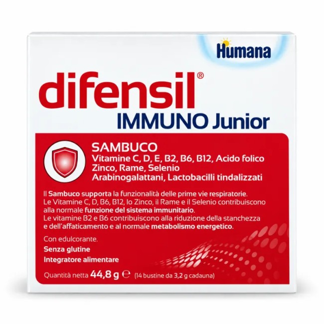 Confezione da 14 bustine di Humana Difensil Immuno Junior Integratore Per Le Difese Immunitarie Ed Il Cambio Di Stagione.