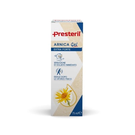 Tubo da 75 ml di Presteril Arnica Extra Forte Gel per dolori e tensioni muscolari.