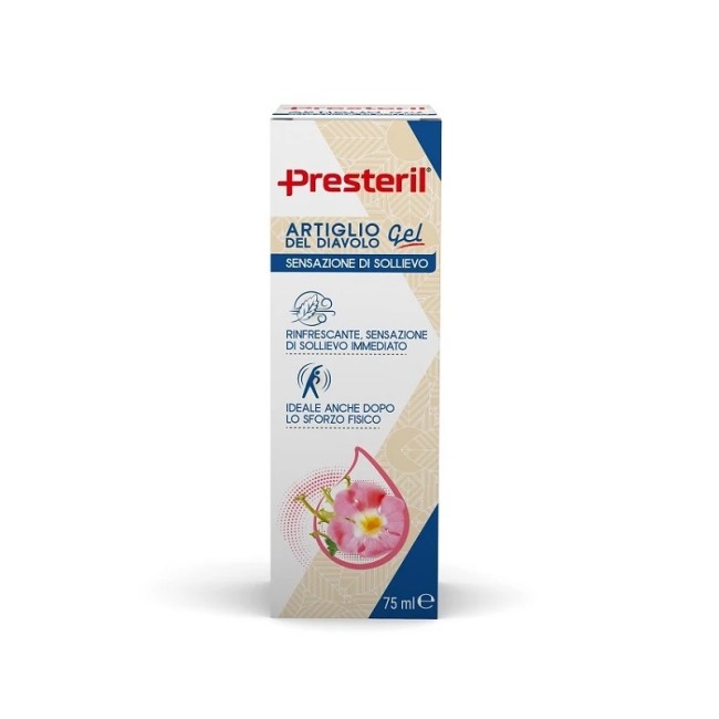 Tubo da 75 ml di Presteril Artiglio Del Diavolo, gel per fastidi muscolari e articolari. Tubo da 75 ml di Presteril Artiglio Del Diavolo, gel per fastidi muscolari e articolari.