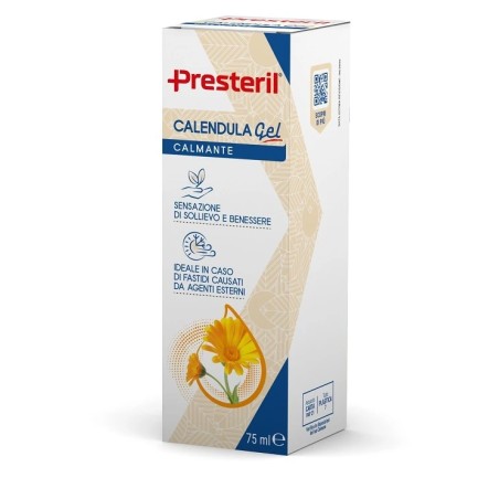 Tubo da 75 ml di Presteril Calendula Gel Lenitivo, utile contro punture di insetto e arrossamenti.