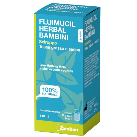 Flacone da 140 ml di Fluimucil Herbal Bambini Sciroppo Tosse Grassa E Secca Aroma Fragola E Miele.