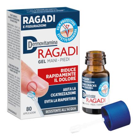 Flacone di da 7 ml di Dermovitamina Ragadi Gel, utile per la salute della pelle di mani e piedi.