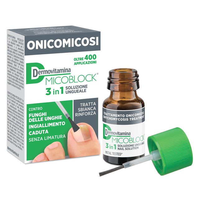 Flacone da 7 ml di Dermovitamina Micoblock, gel liquido ungueale per il trattamento dell'onicomicosi. Flacone da 7 ml di Dermovitamina Micoblock, gel liquido ungueale per il trattamento dell'onicomicosi.