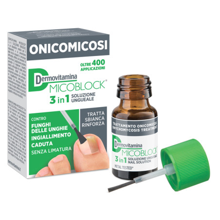 Flacone da 7 ml di Dermovitamina Micoblock, gel liquido ungueale per il trattamento dell'onicomicosi. Flacone da 7 ml di Dermovitamina Micoblock, gel liquido ungueale per il trattamento dell'onicomicosi.