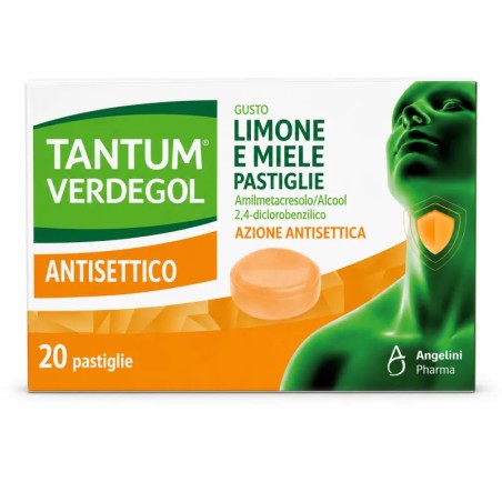 Confezione da 20 pastiglie di Angelini Tantum Verdegol Antisettico Farmaco Disinfettante Per Fastidi Alla Gola. Confezione da 20 pastiglie di Angelini Tantum Verdegol Antisettico Farmaco Disinfettante Per Fastidi Alla Gola.