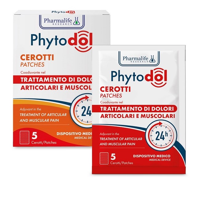 Confezione contenente 5 pezzi di Phytodol Cerotti, dispositivi per il trattamento di dolori muscolari e articolari. Confezione contenente 5 pezzi di Phytodol Cerotti, dispositivi per il trattamento di dolori muscolari e articolari.