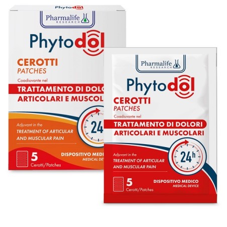 Confezione contenente 5 pezzi di Phytodol Cerotti, dispositivi per il trattamento di dolori muscolari e articolari. Confezione contenente 5 pezzi di Phytodol Cerotti, dispositivi per il trattamento di dolori muscolari e articolari.