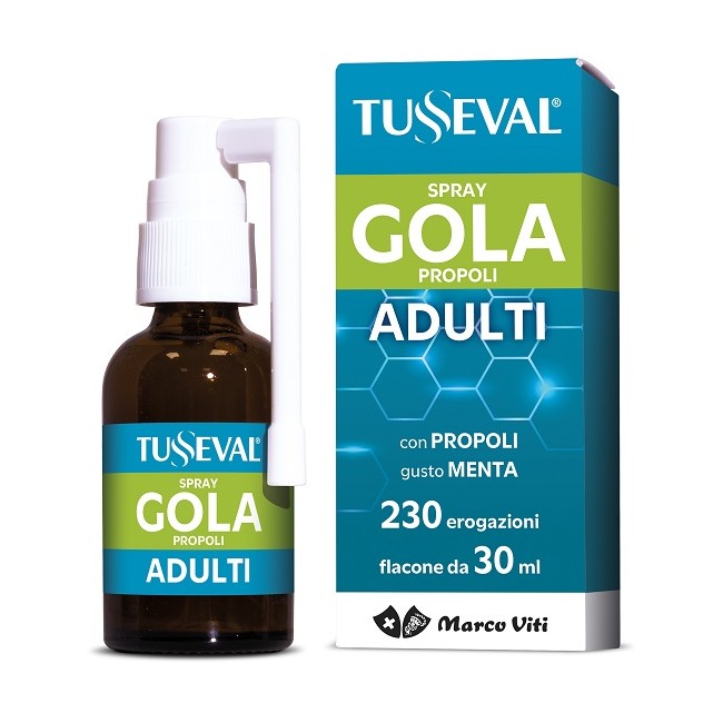Flacone da 30 ml di Marco Viti Tusseval Spray Gola Propoli Adulti, integratore per gola irritata. Flacone da 30 ml di Marco Viti Tusseval Spray Gola Propoli Adulti, integratore per gola irritata.