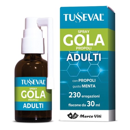 Flacone da 30 ml di Marco Viti Tusseval Spray Gola Propoli Adulti, integratore per gola irritata. Flacone da 30 ml di Marco Viti Tusseval Spray Gola Propoli Adulti, integratore per gola irritata.