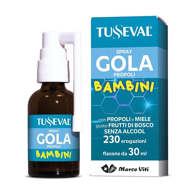 Flacone da 30 ml di Marco Viti Tusseval Spray Gola Propoli Bambini, integratore per gola irritata. Flacone da 30 ml di Marco Viti Tusseval Spray Gola Propoli Bambini, integratore per gola irritata.