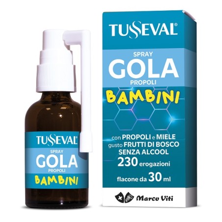 Flacone da 30 ml di Marco Viti Tusseval Spray Gola Propoli Bambini, integratore per gola irritata. Flacone da 30 ml di Marco Viti Tusseval Spray Gola Propoli Bambini, integratore per gola irritata.