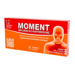 Confezione da 12 compresse di Moment Influenza e Raffreddore, farmaco per naso chiuso e mal di testa.