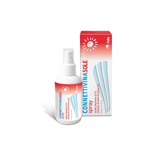 Flacone da 50 ml di Connettivina Sole, spray per eritemi e arrossamenti. Flacone da 50 ml di Connettivina Sole, spray per eritemi e arrossamenti.