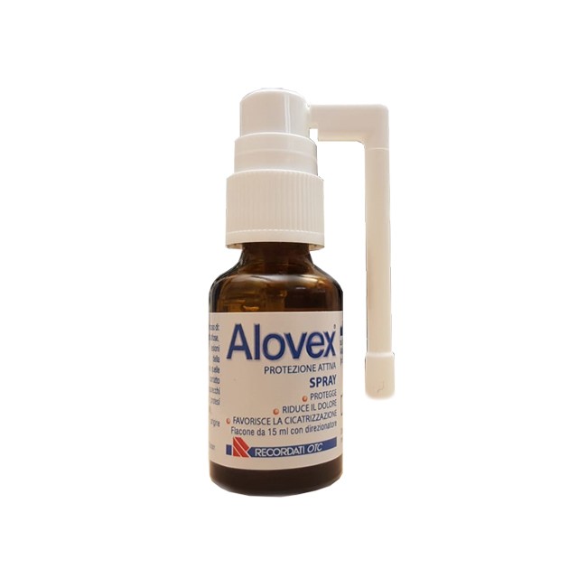 Flacone spray da 15 ml di Alovex Protezione Attiva Spray per il trattamento di afte e ferite della bocca. Flacone spray da 15 ml di Alovex Protezione Attiva Spray per il trattamento di afte e ferite della bocca.