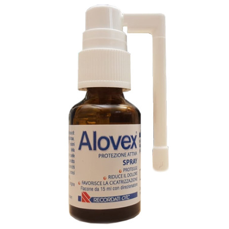 Flacone spray da 15 ml di Alovex Protezione Attiva Spray per il trattamento di afte e ferite della bocca.