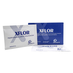 Confezione da 30 bustine di XFLOR, integratore di fermenti lattici per disturbi intestinali.