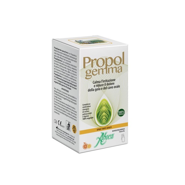 Flacone da 30 ml di Aboca PropolGemma Spray Forte, rimedio utile in caso di gola irritata. Flacone da 30 ml di Aboca PropolGemma Spray Forte, rimedio utile in caso di gola irritata.
