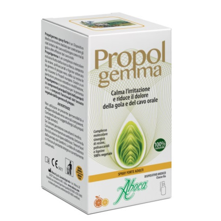 Flacone da 30 ml di Aboca PropolGemma Spray Forte, rimedio utile in caso di gola irritata.