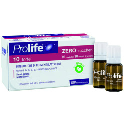 Confezione contenente 10 flaconcini da 8 ml di Prolife 10 Forte Zero Zuccheri, integratore di fermenti lattici.