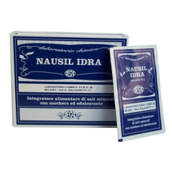 Confezione da 12 bustine di Nausil Idra, integratore di sali minerali per reidratazione.