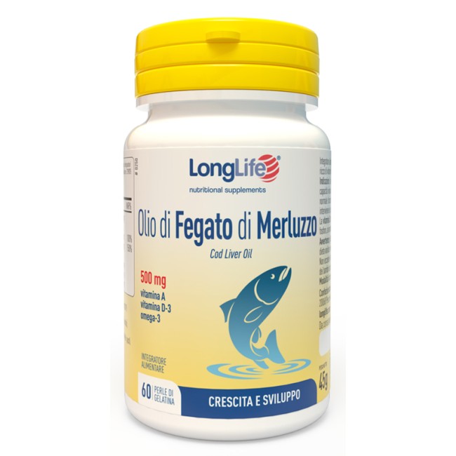 Confezione da 60 perle di Longlife Olio di Fegato di Merluzzo Integratore Con Vitamina A, D e Omega 3.
