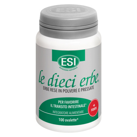 Flacone contenente 100 ovalette di Esi Dieci Erbe Più Forte integratore naturale con effetto lassativo.