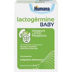 Flacone da 8 ml di Humana Lactogermine Baby, integratore per bambini contro i disturbi intestinali.