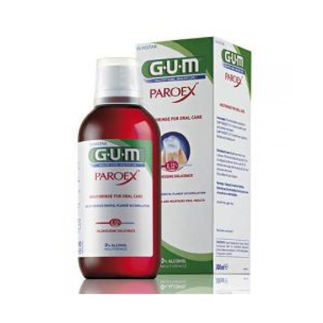 Flacone da 300 ml di Gum Paroex Colluttorio 0,12% Clorexidina per il trattamento temporaneo di gengiviti e parodontiti. Flacone da 300 ml di Gum Paroex Colluttorio 0,12% Clorexidina per il trattamento temporaneo di gengiviti e parodontiti.