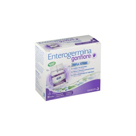 Confezione da 20 bustine di Enterogermina Gonfiore, integratore per alleviare il gonfiore addominale.