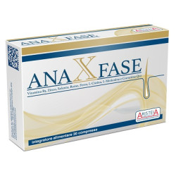 Confezione da 30 compresse di Anaxfase, integratore per contrastare la caduta dei capelli.