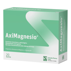 Confezione da 20 bustine di Pegaso Aximagnesio, integratore per ridurre stanchezza e debolezza muscolare.