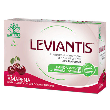 Confezione da 16 buste di Nahura Leviantis Gusto Amarena, integratore per la regolarità intestinale.