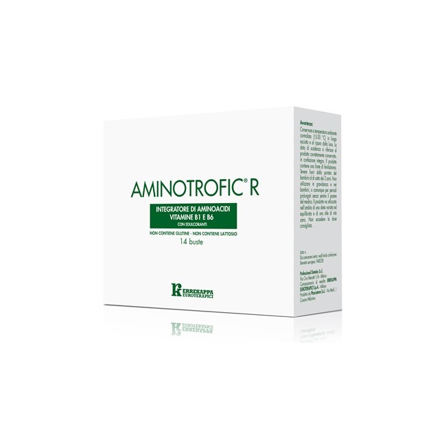 Confezione da 14 bustine di Aminotrofic R, integratore per muscoli e metabolismo energetico. Confezione da 14 bustine di Aminotrofic R, integratore per muscoli e metabolismo energetico.