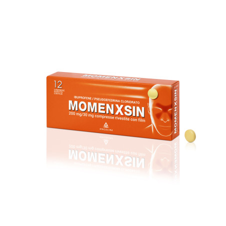 Confezione da 12 compresse di MomenXSin, farmaco per naso chiuso e mal di testa. Confezione da 12 compresse di MomenXSin, farmaco per naso chiuso e mal di testa.