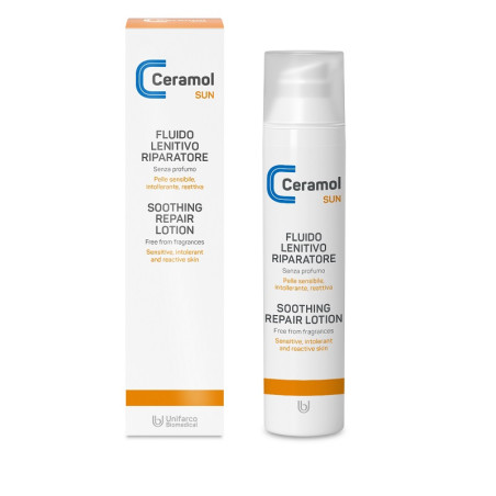 Flacone da 100 ml di Ceramol Sun,  fluido lenitivo riparatore per irritazione da sole.
