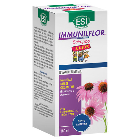 Flacone da 180 Ml di Esi Immunilflor Sciroppo Junior integratore per le difese immunitarie. Flacone da 180 Ml di Esi Immunilflor Sciroppo Junior integratore per le difese immunitarie.