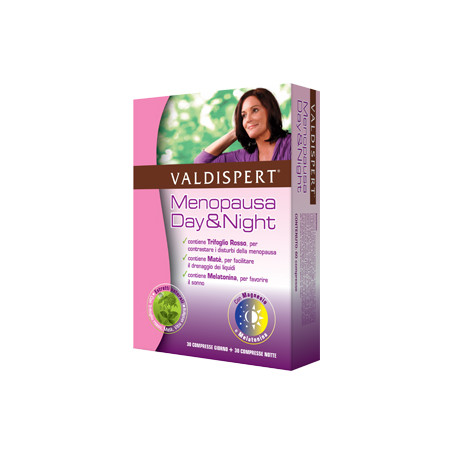 Confezione 30 + 30 compresse di Valdispert Menopausa Day & Night, integratore utile contro i disturbi della menopausa.